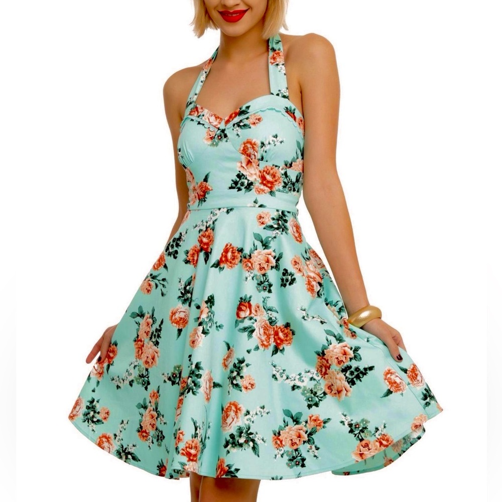 Hot Topic Sz XS Mint Floral Halter Dress Cotton Tulle Pin Up Rockabilly Party